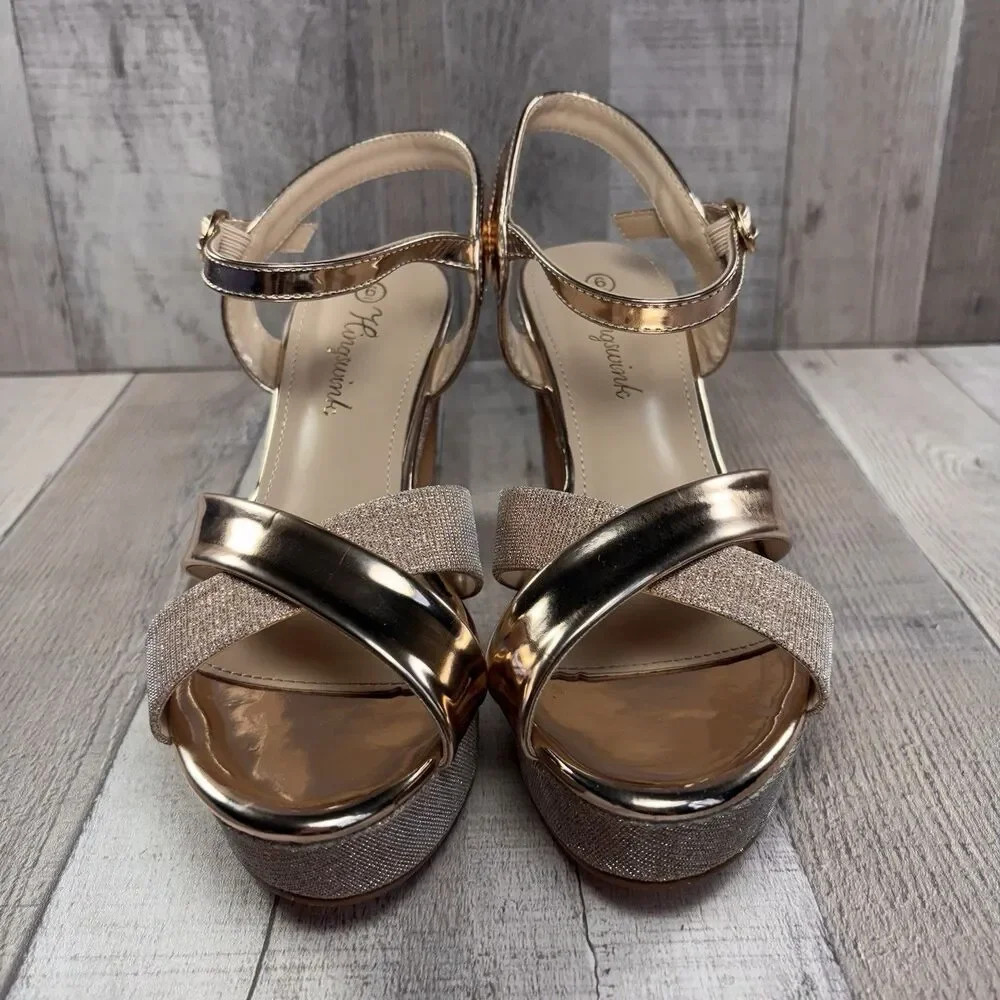 Hingswink Platform Sandals Womens Size 6 Chunky Block Heel Ankle Strap Rose Gold
